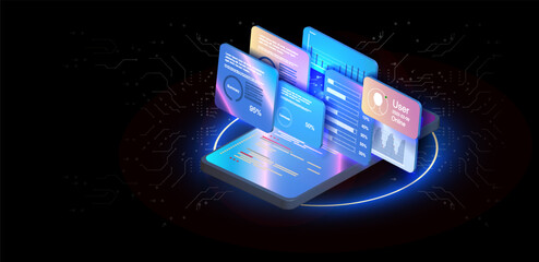The phone is floating above a dark background with a futuristic circuit board design The screens on the phone display various graphs charts, statistics in neon colors creating a modern and futuristic