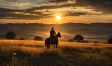 With The Sun Sinking Behind The Mountains, A Cowboy On Horseback, His Lasso At The Ready, Rides Through The Desert Landscape