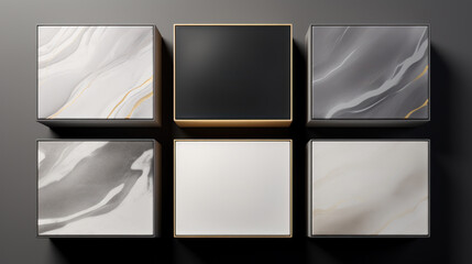 Sticker - Four different marble boxes with gold frames on a black background, AI