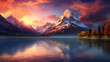 Serene mountain landscape at sunrise, vibrant hues reflecting off the snow-capped peaks, calm lake below