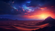 Otherworldly desert landscape with towering sand dunes, a vivid sunset, and a sky filled with stars