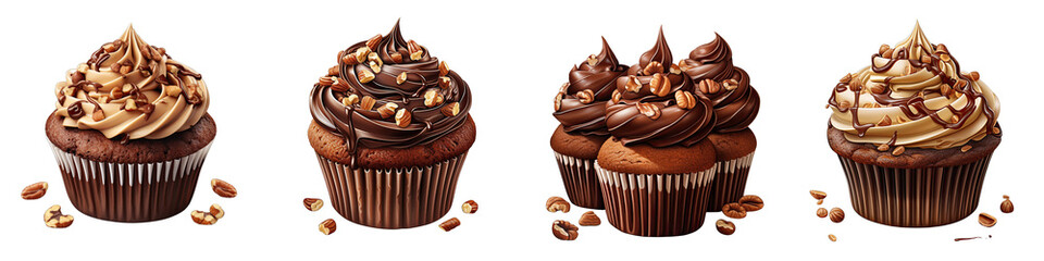 Wall Mural - Chocolate cupcakes with nuts  Hyperrealistic Highly Detailed Isolated On Transparent Background Png File