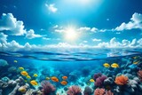 Fototapeta Do akwarium - Summer sale background template. Vector illustration with deep underwater ocean scene. Background with realistic clouds and marine horizon-