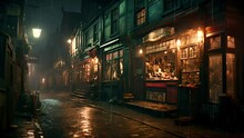 Rainy Run Down Fantasy Shop Street At Night. Rain On Mysterious Cyberpunk Magic Shops In The Dark. Looping. Animated Background / Wallpaper. VJ / Vtuber / Streamer Backdrop. Seamless Loop.