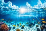 Fototapeta Fototapety do akwarium - Summer sale background template. Vector illustration with deep underwater ocean scene. Background with realistic clouds and marine horizon-