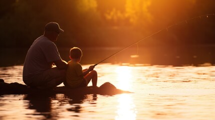 Father and son fishing at sunset