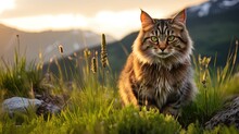 Cat Stands In Green Tall Grass Amid Mountains And Sunset Backdrop