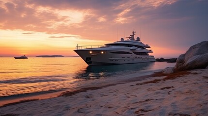 Wall Mural - Beach sand and sea, and a big yacht at sunset