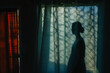 © ADDICTIVE STOCK - Generative AI image of a woman silhouette against a patterned curtain