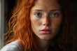 © ADDICTIVE STOCK - Generative AI illustration of pensive woman with curly red hair and soulful eyes gazing through a window her expression tinged with melancholy
