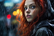 Generative AI Illustration Of Redhead Woman With A Hooded Gaze Surrounded By Raindrops And City Lights Reflecting In The Background
