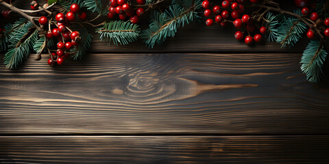 Wall Mural - christmas flat lay mockup banner with fir tree branches and red berries on dark wooden background wi