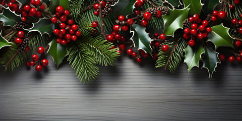 Wall Mural - christmas flat lay mockup with fir tree branches, holly and red berries on white wooden background w