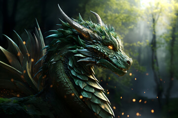 Chinese green wooden dragon in the fantasy forest with sparks from fire. Asian culture symbol of 2024 new year concept.