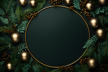 Wall Mural - christmas round blank mockup with pine tree branches and decoration on black background. top view of