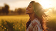 beautiful woman with smile during sunrise in beautiful nature sommerfield