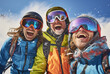 Group happy friends having fun at Ski Resort. Skiers and Snowboarders taking selfie on snow.