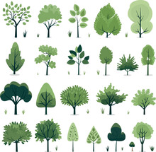 Set Of Green Trees. Vector Illustration Isolated On A White Background.