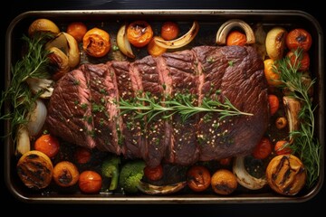 Wall Mural - The aesthetics of roasted meat, grilled, savory and hearty, steak, cooking menu, deep-fried in large chunks, hot and cold dish, unhealthy and delicious product tasty .