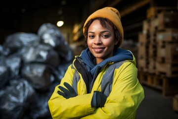 Sticker - A woman at a waste processing plant. Garbage collection and disposal. Portrait with selective focus and copy space