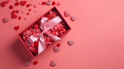 Wall Mural - Pink gift box with red bow on pink background with red hearts. Holiday web banner. Top view.. The concept of holiday surprise for Valentines Day, New Year or Christmas. Valentines Day concept.