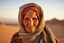 AI Generated Image Of Egyptian Senior Elderly Woman In Traditional Clothing Looking At Camera While Standing Against Blurred Desert At Sundown