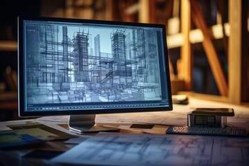  a computer screen displaying a digital construction blueprint in intricate detail. The digital tools and precise measurements on the screen highlight the modern approach to construction planning.