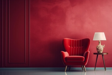 Wall Mural - Beautiful luxury classic velvet red clean interior room in classic style with velvet red soft armchair. Vintage antique velvet chair standing beside emerald wall. Minimalist home design. High quality