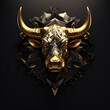 Gold bull head with gold bars on top of black background