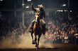 Cowboy on bucking horse at rodeo