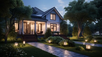 Wall Mural - A high-quality image capturing the charm of a house with a large front yard, featuring a walkway illuminated by both natural daylight and evening lighting. 