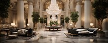 A Lavish Hotel Lobby With No Seating Arrangements, Emphasizing The Grandeur Of The Space Through Its High Ceilings, Chandeliers, And Polished Marble Floors. Every Detail Exudes Opulence And Elegance.