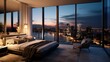  the bedroom of a luxury penthouse, with a king-sized bed, premium bedding, and floor-to-ceiling windows offering stunning views