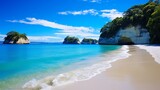 Fototapeta Perspektywa 3d - A picturesque and high-quality image of Cathedral Cove beach during a peaceful summer day, where the absence of people allows you to fully appreciate the natural wonder of this stunning location.