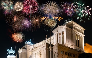 Canvas Print - Fireworks display and Vittoriano altar in Rome