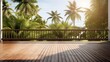A realistic and well-lit photograph featuring a wooden balcony patio deck with a picturesque view of coconut trees.