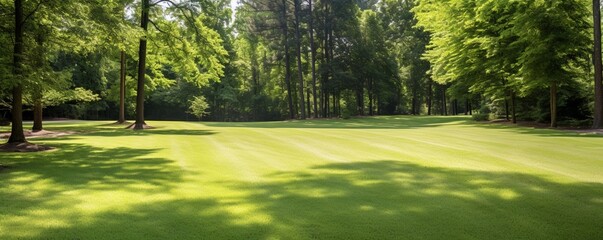 Wall Mural - the beauty of a well-maintained lawn surrounded by a forest of trees. The image's composition offers a peaceful and natural background with copy space for creative use.