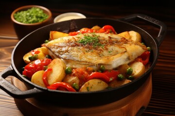 Wall Mural - Mouthwatering roasted fish with a crispy golden crust, cooked to perfection in a sizzling pan
