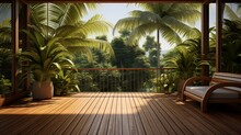 A Wooden Balcony Patio Deck Bathed In Sunlight, Surrounded By Lush Coconut Trees.