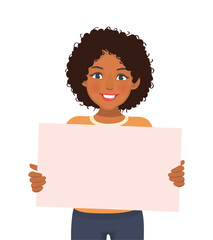 Poster - Young African woman holding blank billboard or empty banner for copyspace advertising and announcement messages