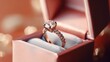 Gift box and engagement gold ring with diamond on pink pastel background. Wedding, romantic concept. Jewelry. The concept of marriage or anniversary. Surprise for Valentines Day, New Year or Christmas