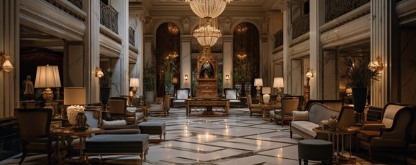 Wall Mural -  a luxurious hotel lobby featuring grand architecture, exquisite decor, and a spacious, open layout devoid of seating.