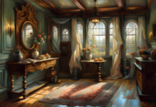 The Interior Of A Old Fashioned Room With Ornate Furniture With Sunlight Reflected On The Floor