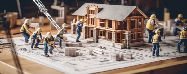 Wall Mural - An overhead shot of a miniature construction project on a blueprint, with miniature construction equipment and tiny workers in hard hats working diligently to build a tiny house.