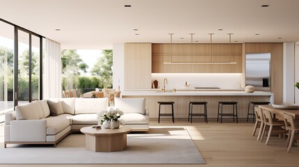 Wall Mural - A modern minimalist home interior design with clean lines, sleek furniture, and neutral color palette, featuring an open-concept living space connected to a spacious kitchen, bathed in natural light