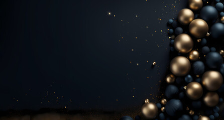 Wall Mural - black and gold christmas background with balls and blue confetti, in the style of dark navy and dark blue, captivating