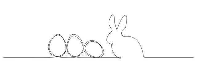 Aufkleber - One continuous line drawing of Easter eggs and rabbit. Greeting banner design with bunny and ears in simple linear style. Editable stroke. Doodle contour vector illustration