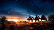 saludo de tres reyes magos viajando en camellos, con un cielo estrellado 