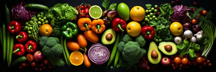 Fresh and colorful assortment of nutritious fruits and vegetables, top view on dark background