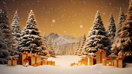 Wall Mural - snow scene with christmas trees and presents, in the style of photo-realistic landscapes, dark orange and light gold